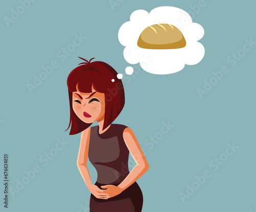 Woman Having Stomachache Suffering from Gluten Intolerance Vector Cartoon. Girl having an allergic reaction to a gluten product from flour 
