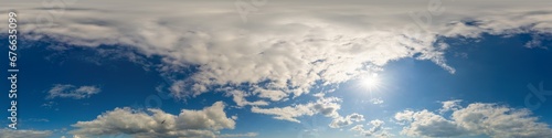 Blue summer sky panorama with Cumulus clouds. Seamless hdr spherical 360 panorama. Zenith or sky dome in 3D visualization  sky replacement for aerial drone 360 panoramas. Weather and climate change