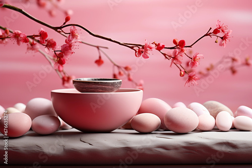 A tranquil still-life scene featuring a collection of pastel pink stones and a pair of contrasting bowls, complemented by the delicate beauty of cherry blossoms against a soft pink background.