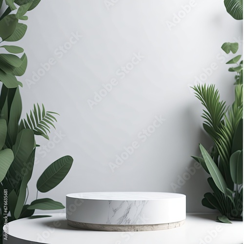 Gray podiums in round shape decorated with Feverfew flowers and blocks of stone. Tropical leaf. Stage on minimal podium display