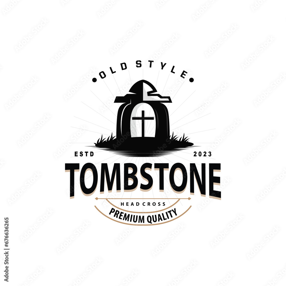 Fototapeta premium Tombstone Logo, Tomb Cemetery Cross, Simple Vintage Halloween Grave Design