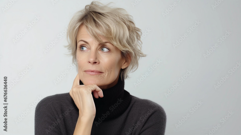 A Middle-Aged Woman With Short Hair Touching Her Chin With a Thoughtful Expression on Her Face A Middle-Aged Woman With Short Hair Touching Her Chin With a Thoughtful Expression on Her Face