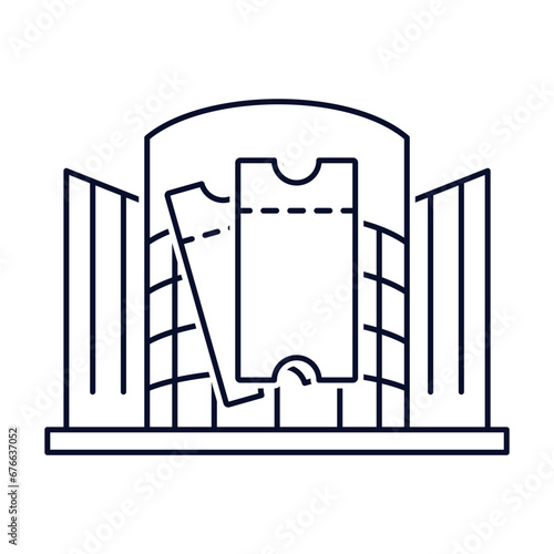 Two tickets against the background of the building. Invitation to attend the event.  Vector linear illustration icon isolated on white background.