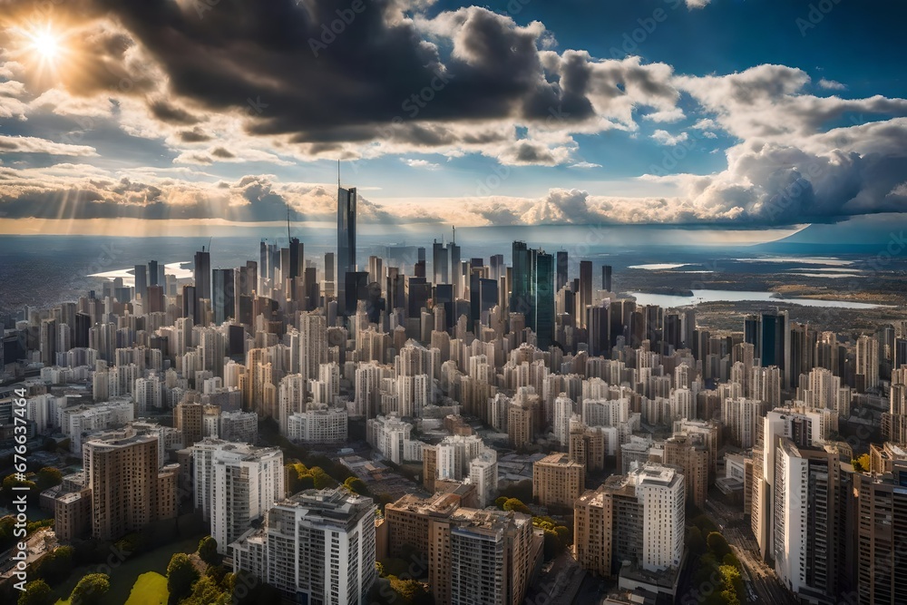 **Clouds resembling a bustling city skyline, skyscrapers formed by intricate cloud formations, reflecting a vibrant metropolis, sunlight peeking through the cloud structures, evoking a sense of urban 