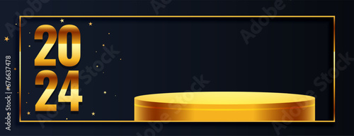 2024 golden lettering wide banner with empty 3d podium stand