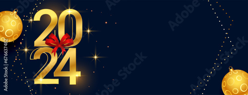 golden 2024 lettering new year banner with xmas ball and ribbon