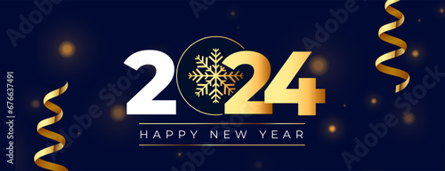 2024 new year winter snowflake banner with ribbon decoration
