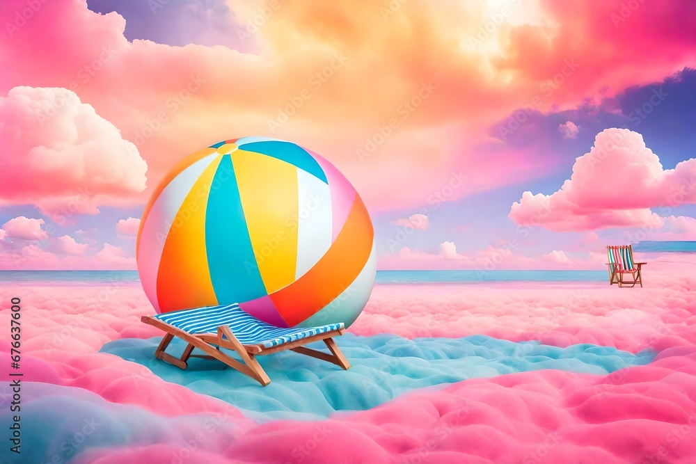 A whimsical, oversized striped deck chair and a beach ball in a surreal, dreamlike setting, floating amidst a sea of colorful clouds in a fantastical, abstract world