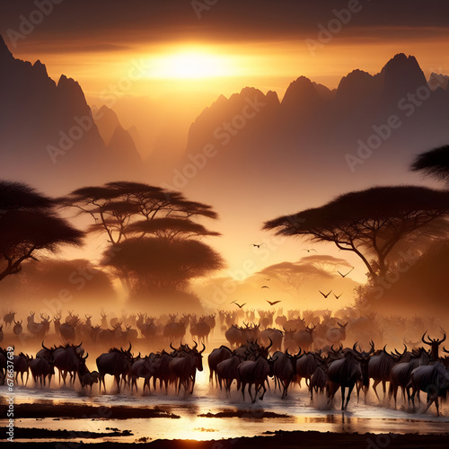 Wildebeest walk through the savanna at sunrise. The orange sun lights up the water and the landscape. An image of the wildlife migration.