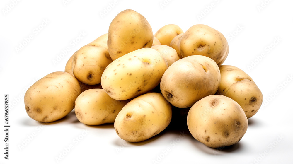 Potatoes on white background, space to enter text to write a message. For art texture, presentation design or web design and web background. Generative AI. Potatoes on white background, space to enter text to write a message. For art texture, presentation design or web design and web background. Generative AI.