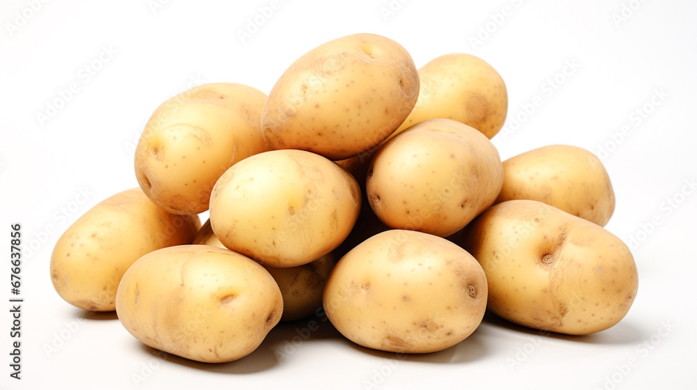 Potatoes on white background, space to enter text to write a message. For art texture, presentation design or web design and web background. Generative AI. Potatoes on white background, space to enter text to write a message. For art texture, presentation design or web design and web background. Generative AI.