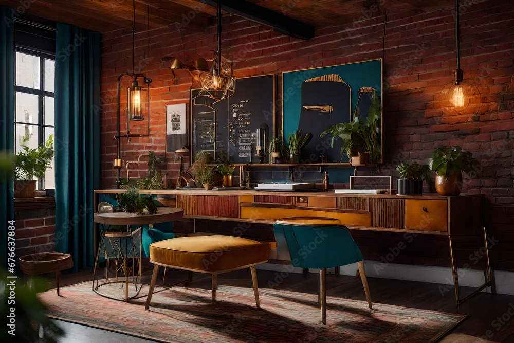 Interior design portfolio visuals of an eclectic workspace, mixing vintage furniture with modern decor, vibrant colors against  brick walls