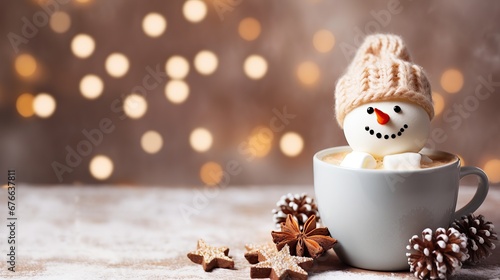 Snowman in a cup of hot chocolate drink, christmas food art