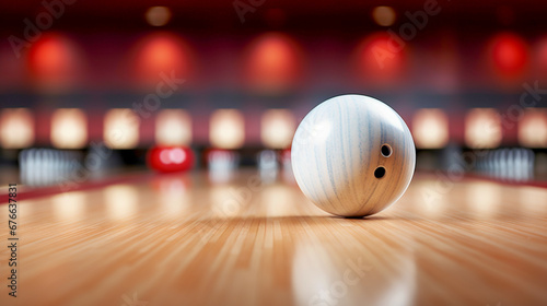 White bowling ball on the track. Sport game. For sport design or web background. Generative ai