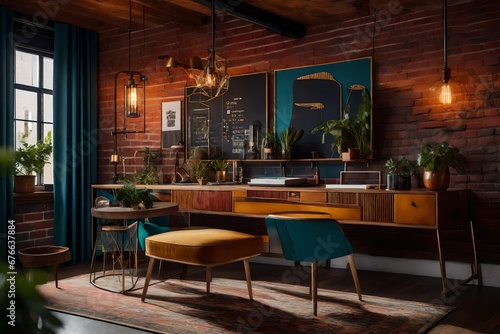Interior design portfolio visuals of an eclectic workspace  mixing vintage furniture with modern decor  vibrant colors against  brick walls
