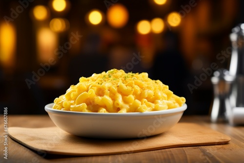 Wallpaper Mural Background of bokeh restaurant with macaroni and cheese on a wooden table, generative AI Torontodigital.ca