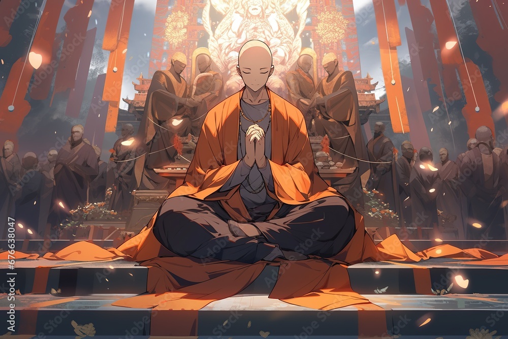 joyful monk in meditation, illustration, anime version