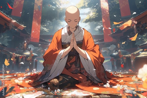 nun in meditation, illustration, anime version