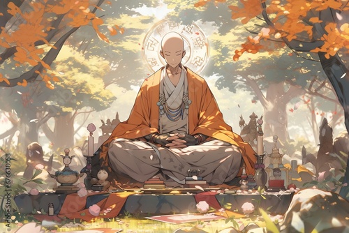 joyful monk in meditation, illustration, anime version
