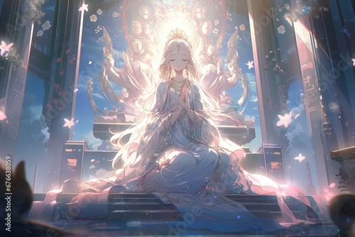 beautiful anime tibetan buddhist female goddess in meditation, illustration