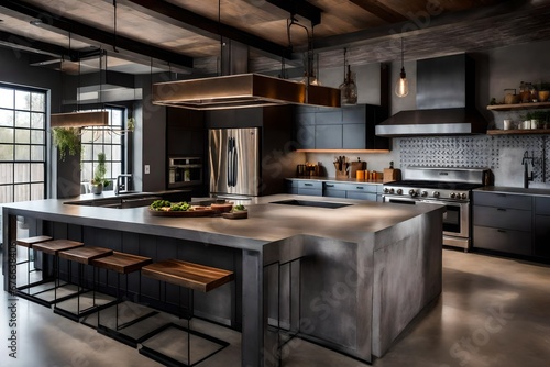 Interior design portfolio snapshots of an industrial-style kitchen, metal accents, beams, and concrete walls, creating an urban