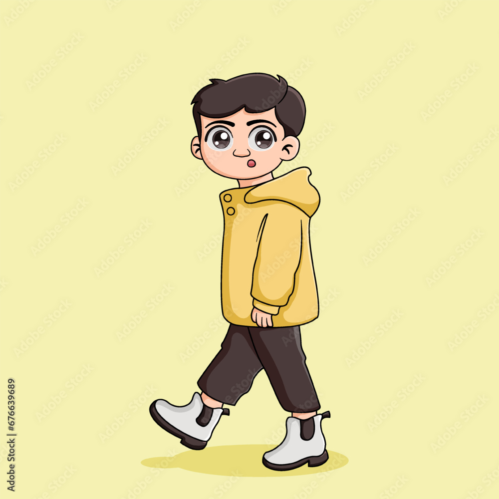 Cute Boy Walking Looking Sideways Illustration Cute Boy Walking Looking Sideways Illustration