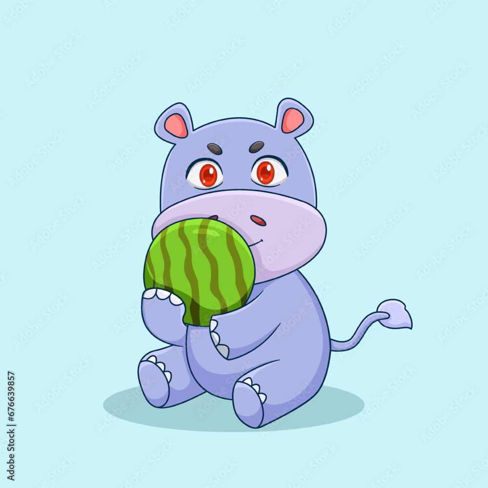 Cute Water Rhino Carrying Watermelon Illustration Cute Water Rhino Carrying Watermelon Illustration