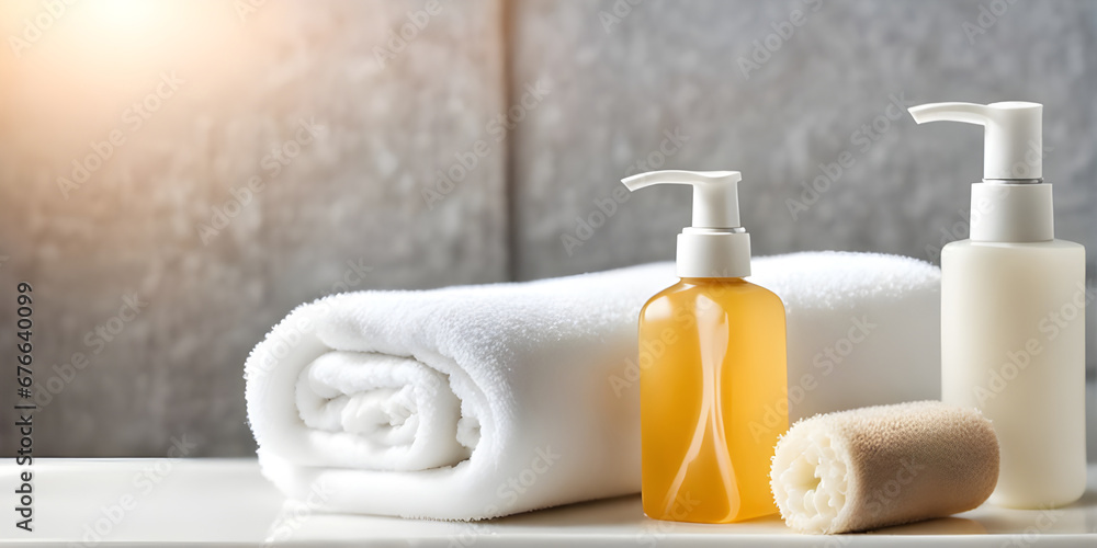 tabletop counter with a towel. in front of bright out of focus bathroom. copy space tabletop counter with a towel. in front of bright out of focus bathroom. copy space