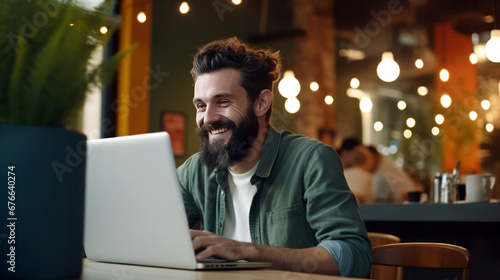 man smiling with a laptop in cafe
