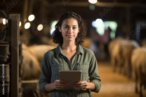 Asian farmer, Female is working with a tablet computer in a cow barn