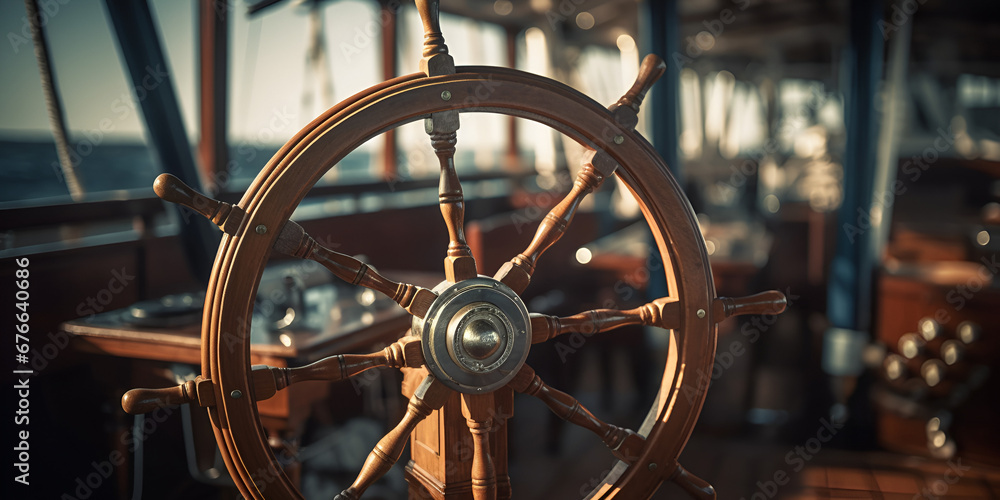 Steering wheel of a ship vintage toned image with shallow depth of field ship wheel on boat with ship and water background Ai Generative