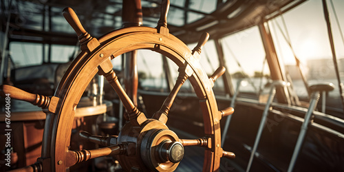 Steering wheel of a ship vintage toned image with shallow Tall Ship's Helm stock photo handle of ship with wooden ship background Ai Generative