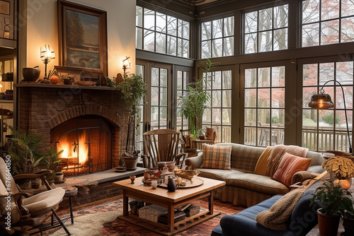family room with fireplace in winter