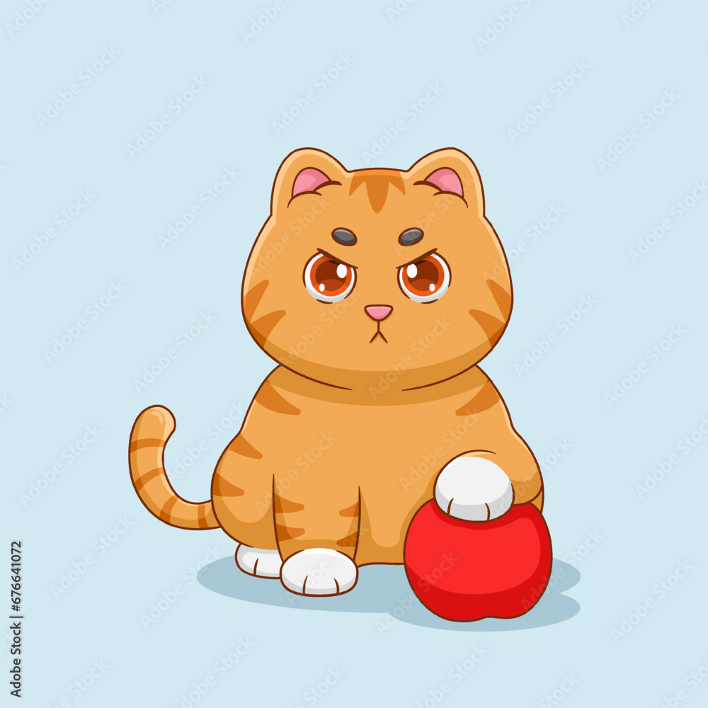 Cute Cat Holding Apple Illustration Cute Cat Holding Apple Illustration