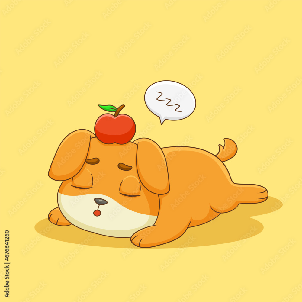 Cute Dog Sleeping With an Apple Placed on His Head Illustration Cute Dog Sleeping With an Apple Placed on His Head Illustration