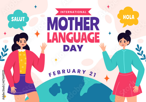 International Mother Language Day Vector Illustration on February 21 with Mom Says Hello in Several World Languages in Flat Kids Cartoon Background