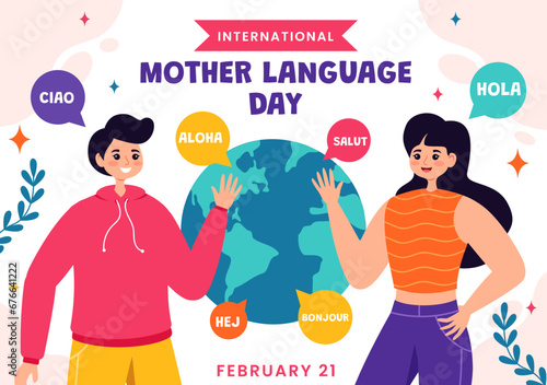 International Mother Language Day Vector Illustration on February 21 with Mom Says Hello in Several World Languages in Flat Kids Cartoon Background