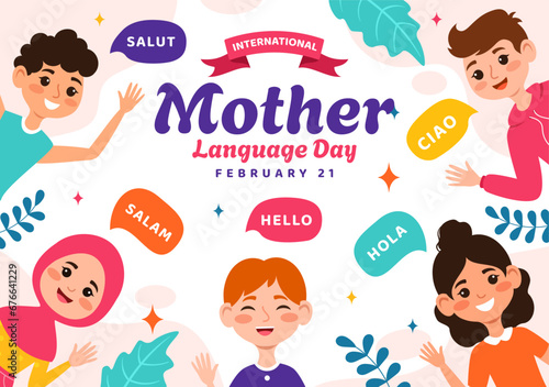 International Mother Language Day Vector Illustration on February 21 with Mom Says Hello in Several World Languages in Flat Kids Cartoon Background