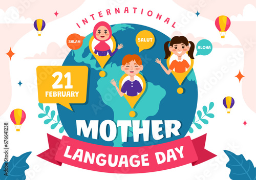 International Mother Language Day Vector Illustration on February 21 with Mom Says Hello in Several World Languages in Flat Kids Cartoon Background