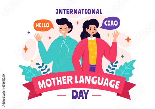 International Mother Language Day Vector Illustration on February 21 with Mom Says Hello in Several World Languages in Flat Kids Cartoon Background