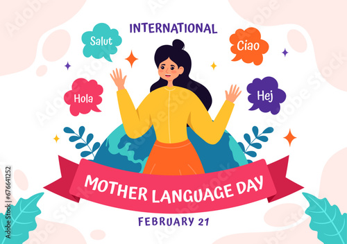 International Mother Language Day Vector Illustration on February 21 with Mom Says Hello in Several World Languages in Flat Kids Cartoon Background