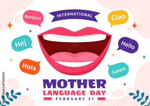 International Mother Language Day Vector Illustration on February 21 with Mom Says Hello in Several World Languages in Flat Kids Cartoon Background