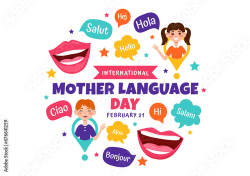 International Mother Language Day Vector Illustration on February 21 with Mom Says Hello in Several World Languages in Flat Kids Cartoon Background