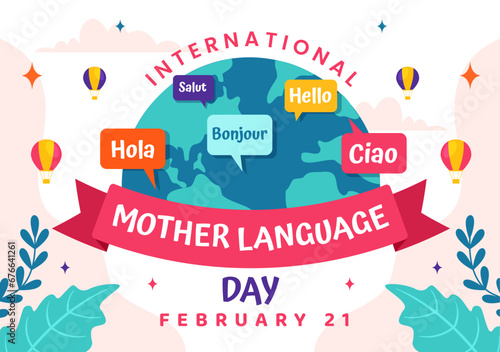 International Mother Language Day Vector Illustration on February 21 with Mom Says Hello in Several World Languages in Flat Kids Cartoon Background