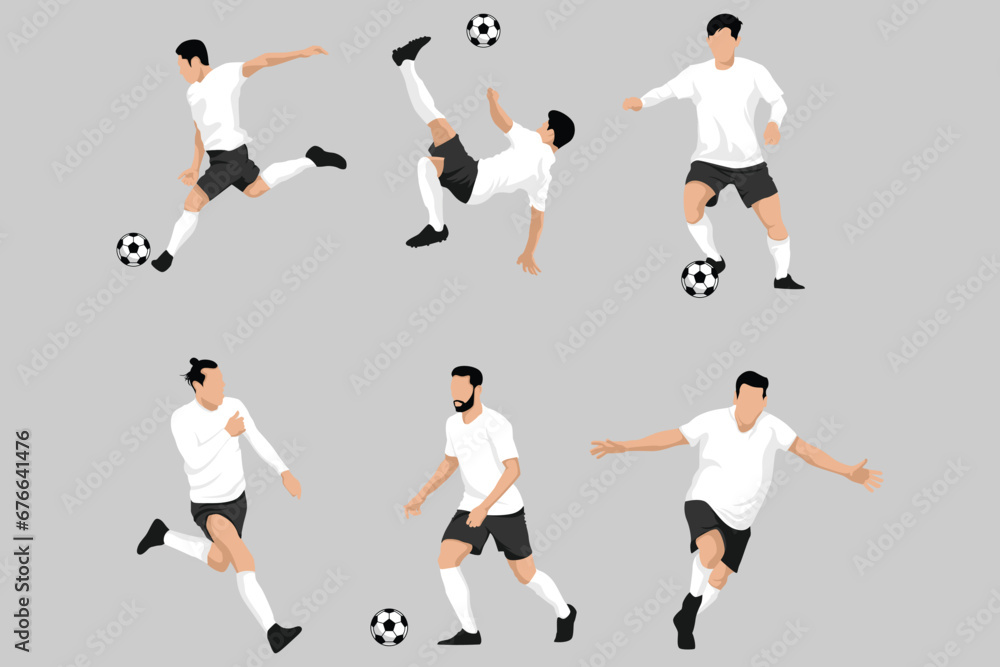 White Football Soccer Players in Various Poses Vector