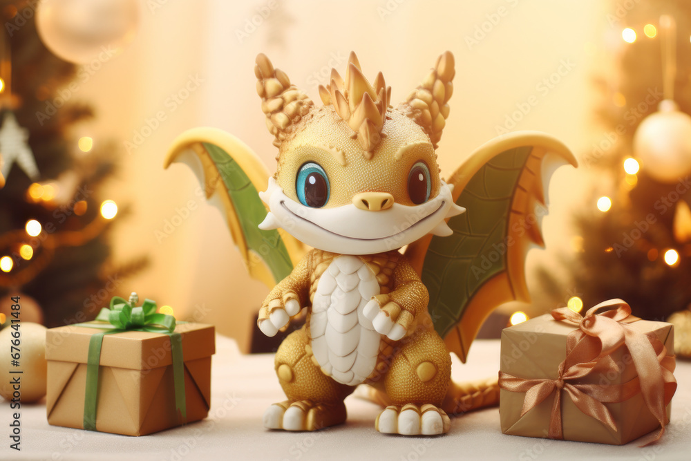 Fototapeta premium Dragon character with big gift box, present for New Year with white and golden colors. For your design, print on postcard