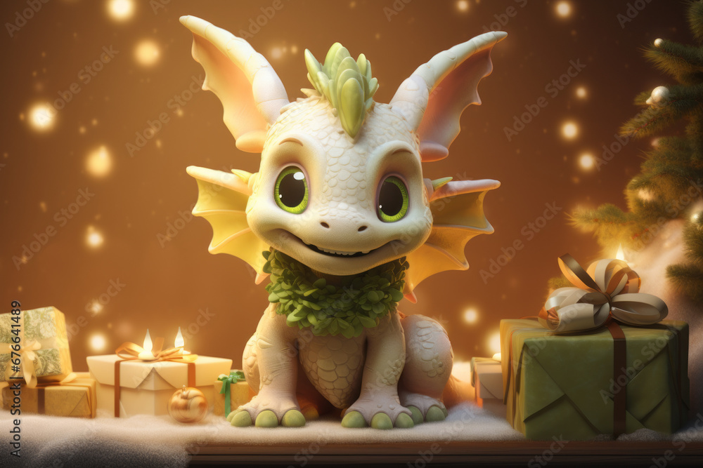 Fototapeta premium Dragon character with big gift box, present for New Year with white and golden colors. For your design, print on postcard