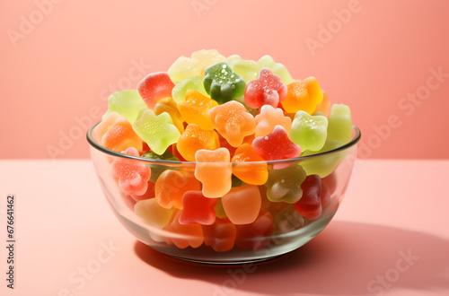 gummy candy in a glass bowl isolate on a pink background