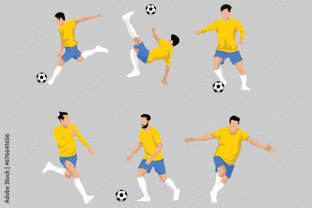 Yellow Football Soccer Players in Various Poses Vector