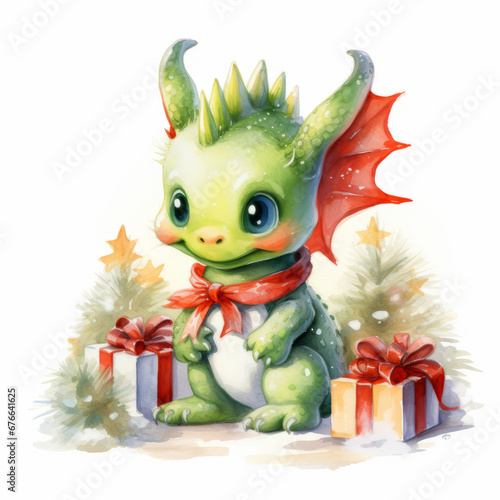Cute green dragon on the white background with Christmas gifts and Christmas tree